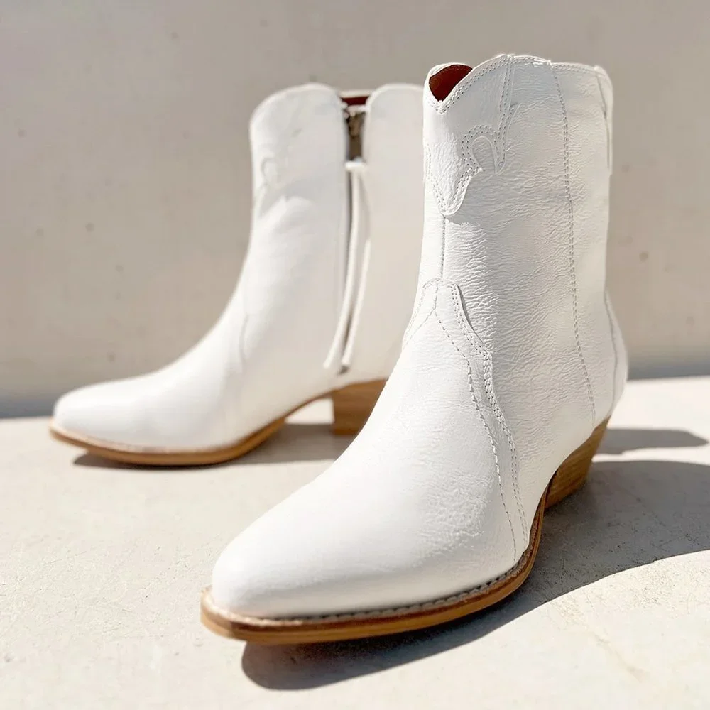 NEW Pointy Toe Stack Block Heel Zip Up Western Ankle Booties Boots Off White - Picture 3 of 16